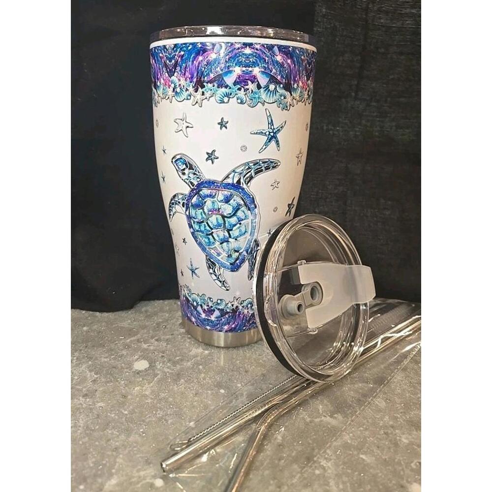 Sea Turtle 30oz Insulated Cup W/2 Lids ,Cleaning Brush And Stainless Straws